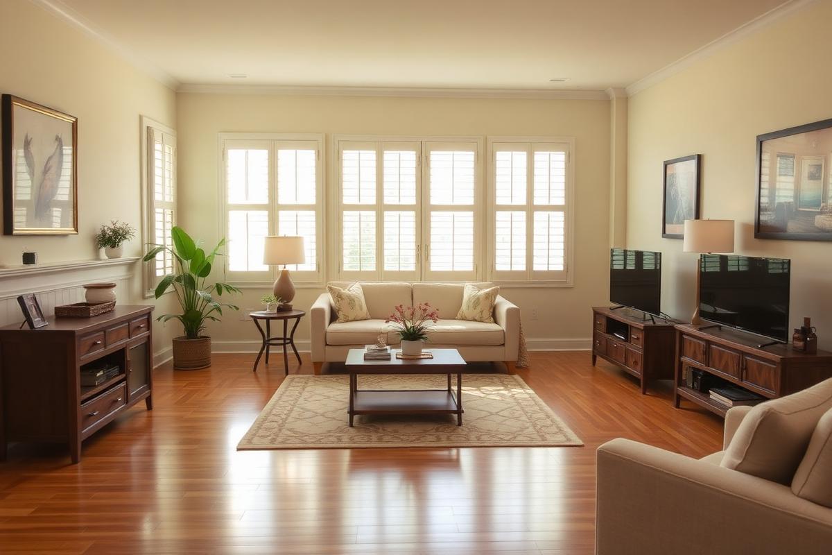 Living room with cream sofa, plantation shutters and hardwood floors