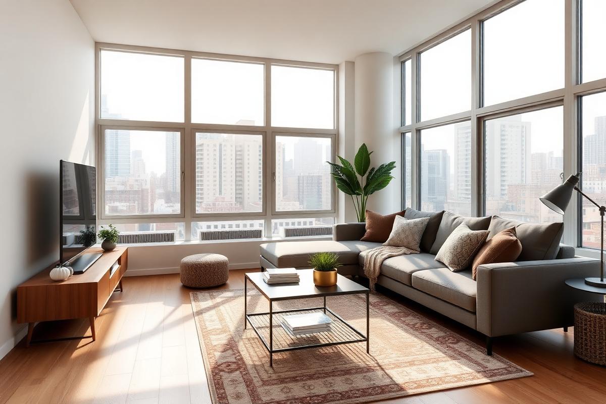 Open living room with grey sectional sofa and large windows