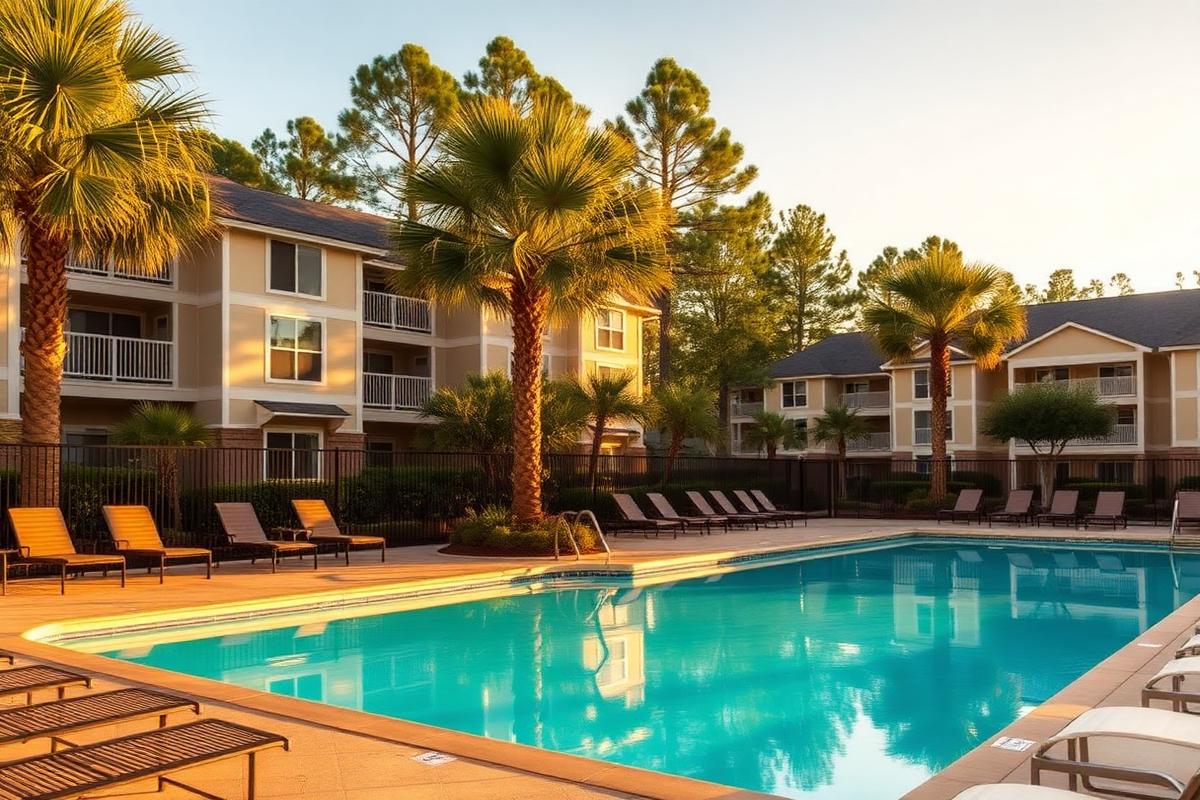 Resort style swimming pool with lounge chairs and palms at golden hour